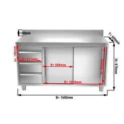 Edelstahl Arbeitsschrank PREMIUM - 1600x600mm - Mit 3 Schubladen Links & Aufkantung