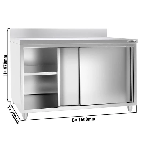 Edelstahl Arbeitsschrank PREMIUM - 1600x700mm - Mit Schiebetür & Aufkantung 1 Edelstahl Arbeitsschrank PREMIUM - 1600x700mm - Mit Schiebetür & Aufkantung