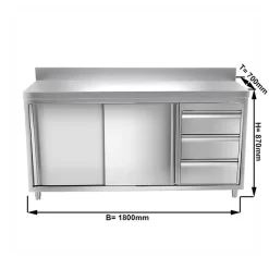 Edelstahl Arbeitsschrank PREMIUM - 1800x700mm - Mit 3 Schubladen Rechts & Aufkantung