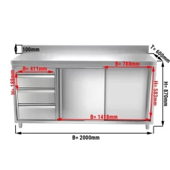 Edelstahl Arbeitsschrank PREMIUM - 2000x600mm - Mit 3 Schubladen Links & Aufkantung
