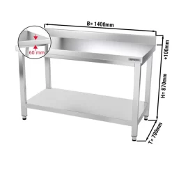 Edelstahl Arbeitstisch PREMIUM - 1400x700mm - Mit Grundboden & Aufkantung