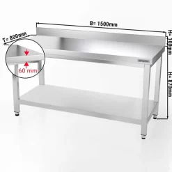 Edelstahl Arbeitstisch PREMIUM - 1500x800mm - Mit Grundboden & Aufkantung