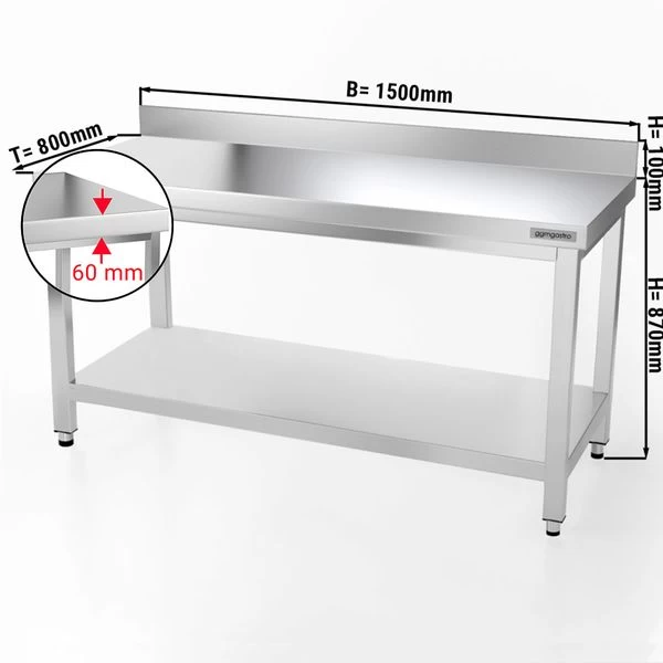Edelstahl Arbeitstisch PREMIUM - 1500x800mm - Mit Grundboden & Aufkantung 1 Edelstahl Arbeitstisch PREMIUM - 1500x800mm - Mit Grundboden & Aufkantung