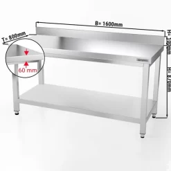 Edelstahl Arbeitstisch PREMIUM - 1600x800mm - Mit Grundboden & Aufkantung