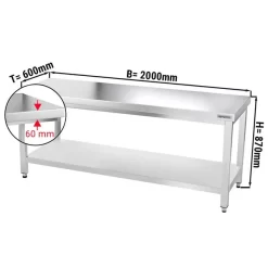 Edelstahl Arbeitstisch PREMIUM - 2000x600mm - Mit Grundboden Ohne Aufkantung