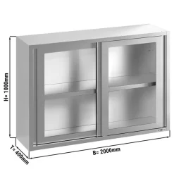 Edelstahl Wandhängeschrank - 2000x400mm - Mit Glasschiebetür - 1000mm Hoch
