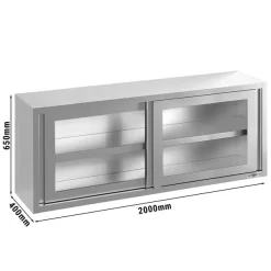 Edelstahl Wandhängeschrank - 2000x400mm - Mit Glasschiebetür - 650mm Hoch