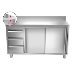 Edelstahl Arbeitsschrank PREMIUM - 1400x600mm - Mit 3 Schubladen Links & Aufkantung -Geschäft für Küchengeräte ask147a l icon 3458