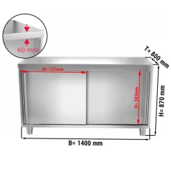 Edelstahl Arbeitsschrank PREMIUM - 1400x800mm - Mit Schiebetür Ohne Aufkantung -Geschäft für Küchengeräte ask148 masse2 aecd