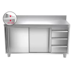 Edelstahl Arbeitsschrank PREMIUM - 1800x600mm - Mit 3 Schubladen Rechts & Aufkantung -Geschäft für Küchengeräte ask187a r icon dd68