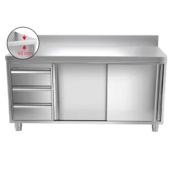 Edelstahl Arbeitsschrank PREMIUM - 2000x600mm - Mit 3 Schubladen Links & Aufkantung -Geschäft für Küchengeräte ask207a l icon 3249