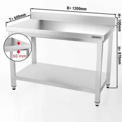 Edelstahl Arbeitstisch PREMIUM - 1200x600mm - Mit Grundboden & Aufkantung