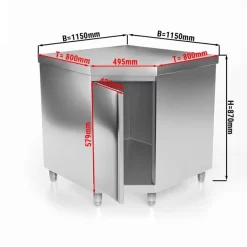 Edelstahl Eckarbeitsschrank PREMIUM Mit Flügeltür Ohne Aufkantung 1150x800mm