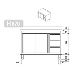 Edelstahl Arbeitsschrank PREMIUM - 1800x600mm - Mit 3 Schubladen Rechts & Aufkantung -Geschäft für Küchengeräte stainless steel workcabinet 3 drawers drawing 1 11fc 4