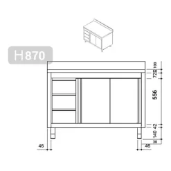 Edelstahl Arbeitsschrank PREMIUM - 1800x700mm - Mit 3 Schubladen Links & Aufkantung -Geschäft für Küchengeräte stainless steel workcabinet 3 drawers left drawing 1 9308 7